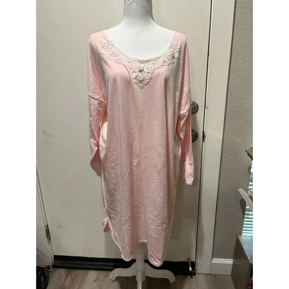 Vintage long pink nightgown Sweet Longjohns Size L style 917 lace embellishments